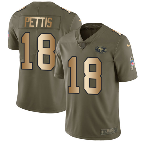 Nike 49ers #18 Dante Pettis Olive/Gold Men's Stitched NFL Limited Salute To Service Jersey - Click Image to Close